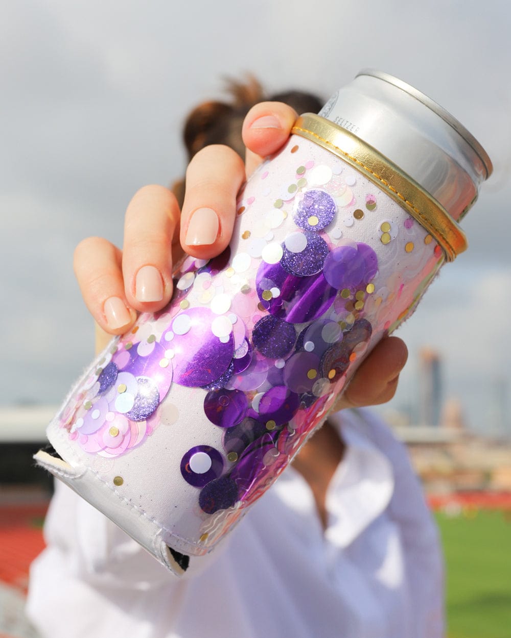 Packed Party Spirit Squad Confetti Skinny Can Cooler Drink Sleeve Koozie, Insulated Metal Can Drink Holder for Tailgate, Pool or Beach (Purple Confetti)
