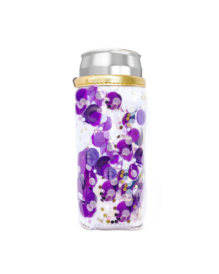 Packed Party Spirit Squad Confetti Skinny Can Cooler Drink Sleeve Koozie, Insulated Metal Can Drink Holder for Tailgate, Pool or Beach (Purple Confetti)