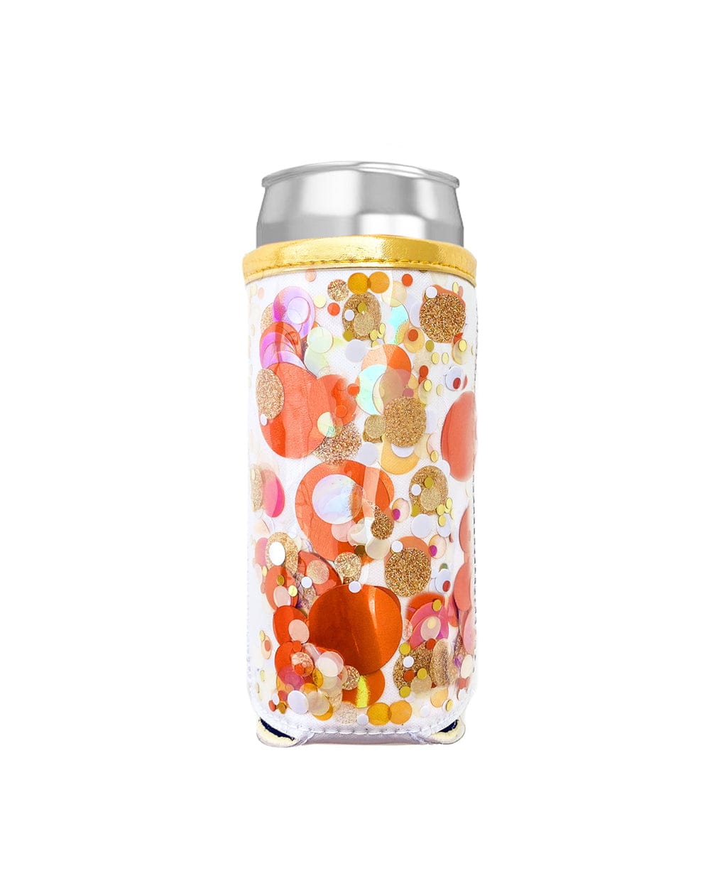 Packed Party Spirit Squad Confetti Filled Skinny Can Cooler Drink Sleeve Koozie, Insulated Metal Can Drink Holder for Tailgate, Pool or Beach (Orange Confetti)