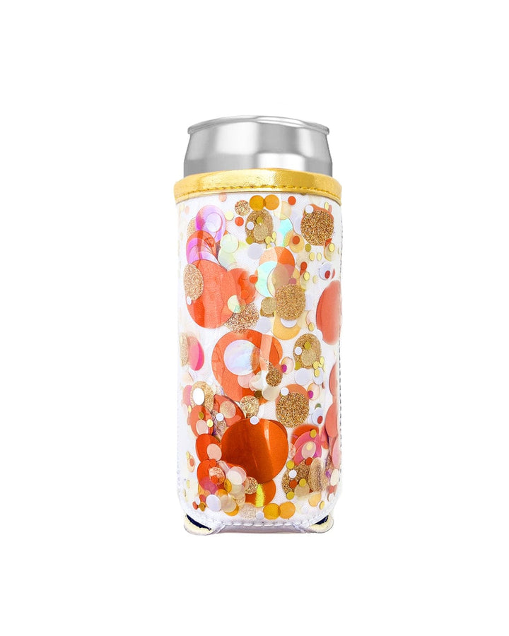 Packed Party Spirit Squad Confetti Filled Skinny Can Cooler Drink Sleeve Koozie, Insulated Metal Can Drink Holder for Tailgate, Pool or Beach (Orange Confetti)