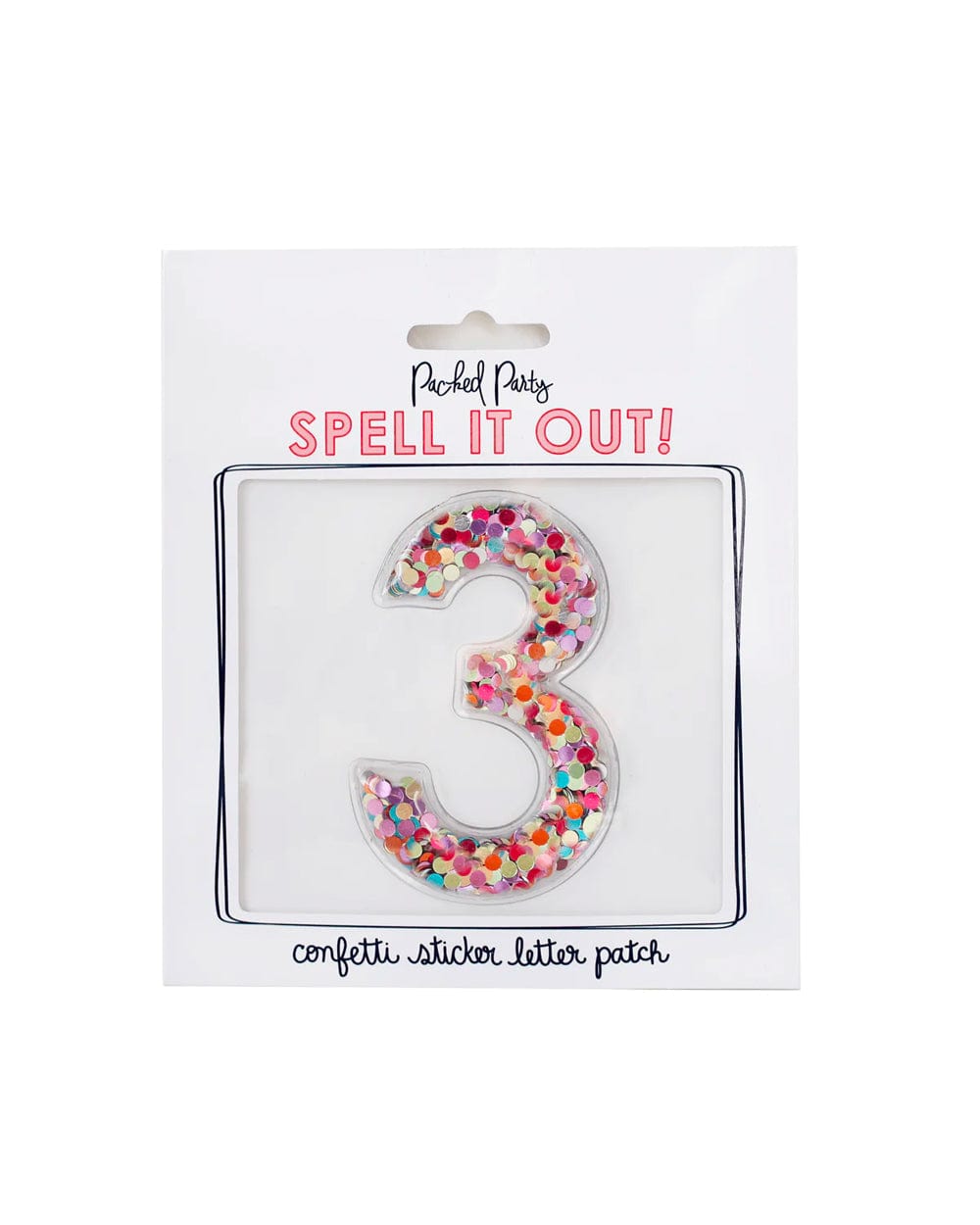 Packed Party Confetti Number 3 Adhesive Patch Sticker - Confetti-Filled Peel and Stick 3M Number Patch for Birthdays Anniversaries and Personalization, 3x2 Inch