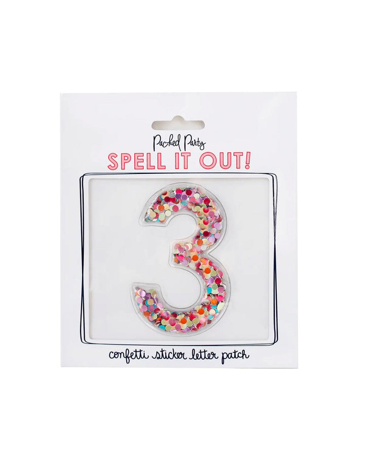 Packed Party Confetti Number 3 Adhesive Patch Sticker - Confetti-Filled Peel and Stick 3M Number Patch for Birthdays Anniversaries and Personalization, 3x2 Inch