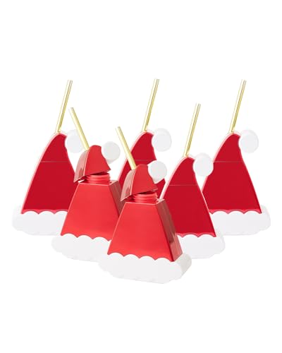 Packed Party Fun Novelty Santa Hat Drink Sipper Bottles Cup, Christmas Decoration for Party 12 ounces, Set of 6