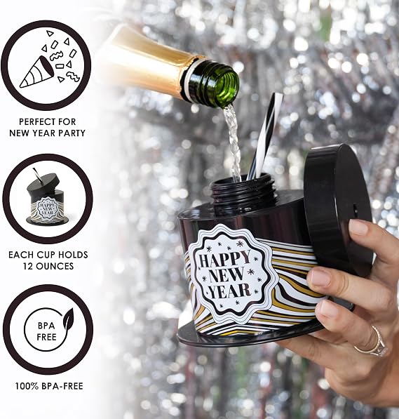 Packed Party Fun Novelty New Years Eve Hat Drink Sipper Bottles Cup, Holiday Decoration for Party 14 ounces, Set of 2