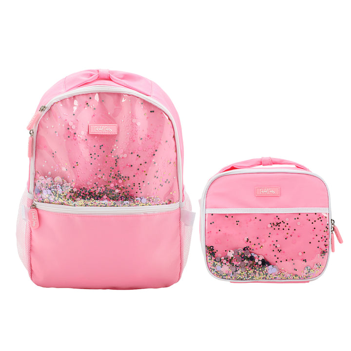 Packed Party Pink Confetti Filled Pink 17" Adult Backpack With Matching Insulated Lunchbox