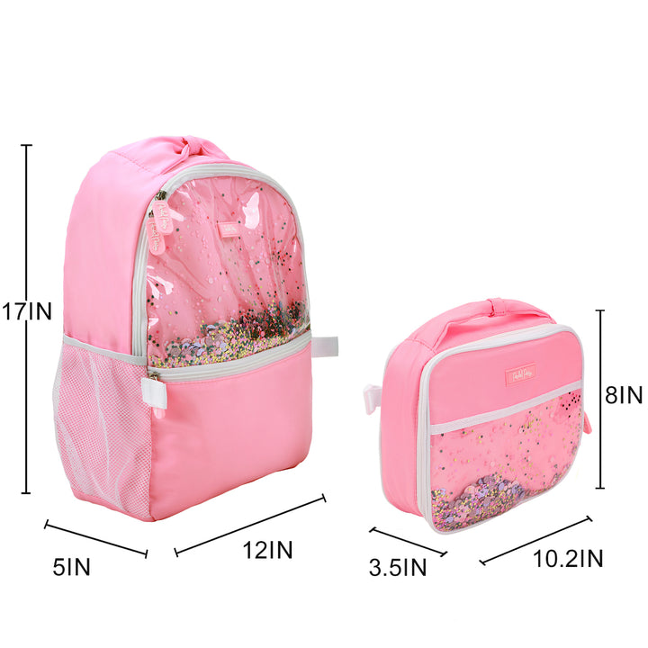 Packed Party Pink Confetti Filled Pink 17" Adult Backpack With Matching Insulated Lunchbox