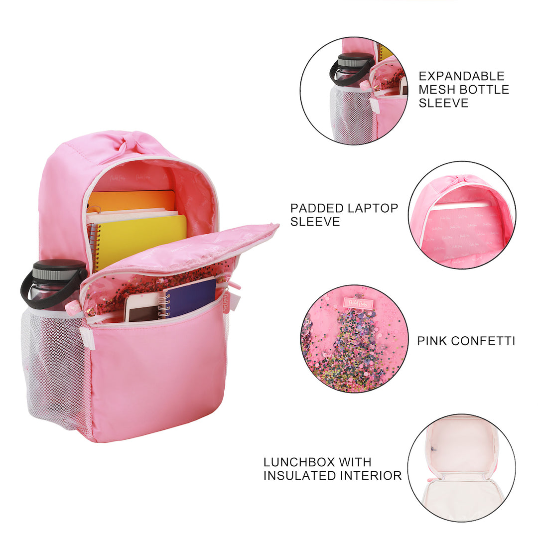 Packed Party Pink Confetti Filled Pink 17" Adult Backpack With Matching Insulated Lunchbox