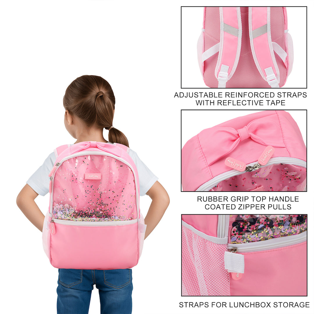 Packed Party Pink Confetti Filled Pink 17" Adult Backpack With Matching Insulated Lunchbox