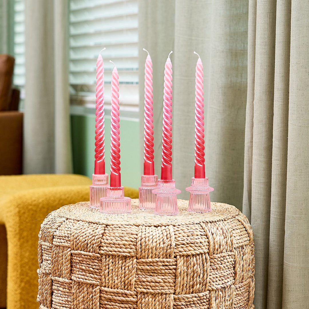 Pink Ribbed Glass Candle Holders (set of 5)