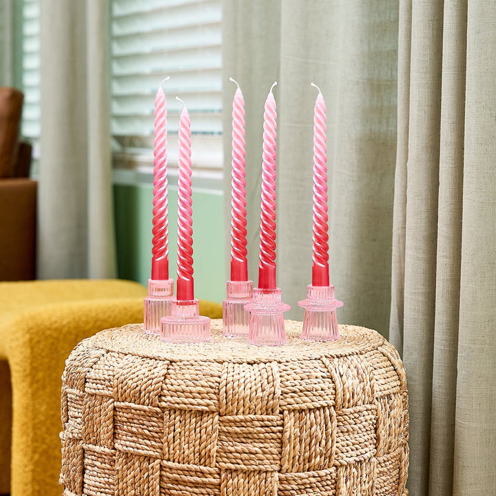 Pink Ribbed Glass Candle Holders (set of 5)