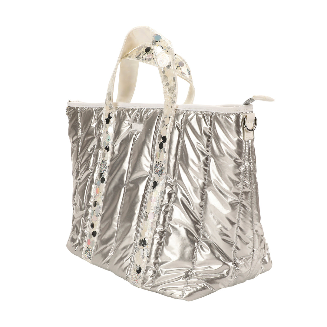 Silver Metallic Puffer Duffel Bag