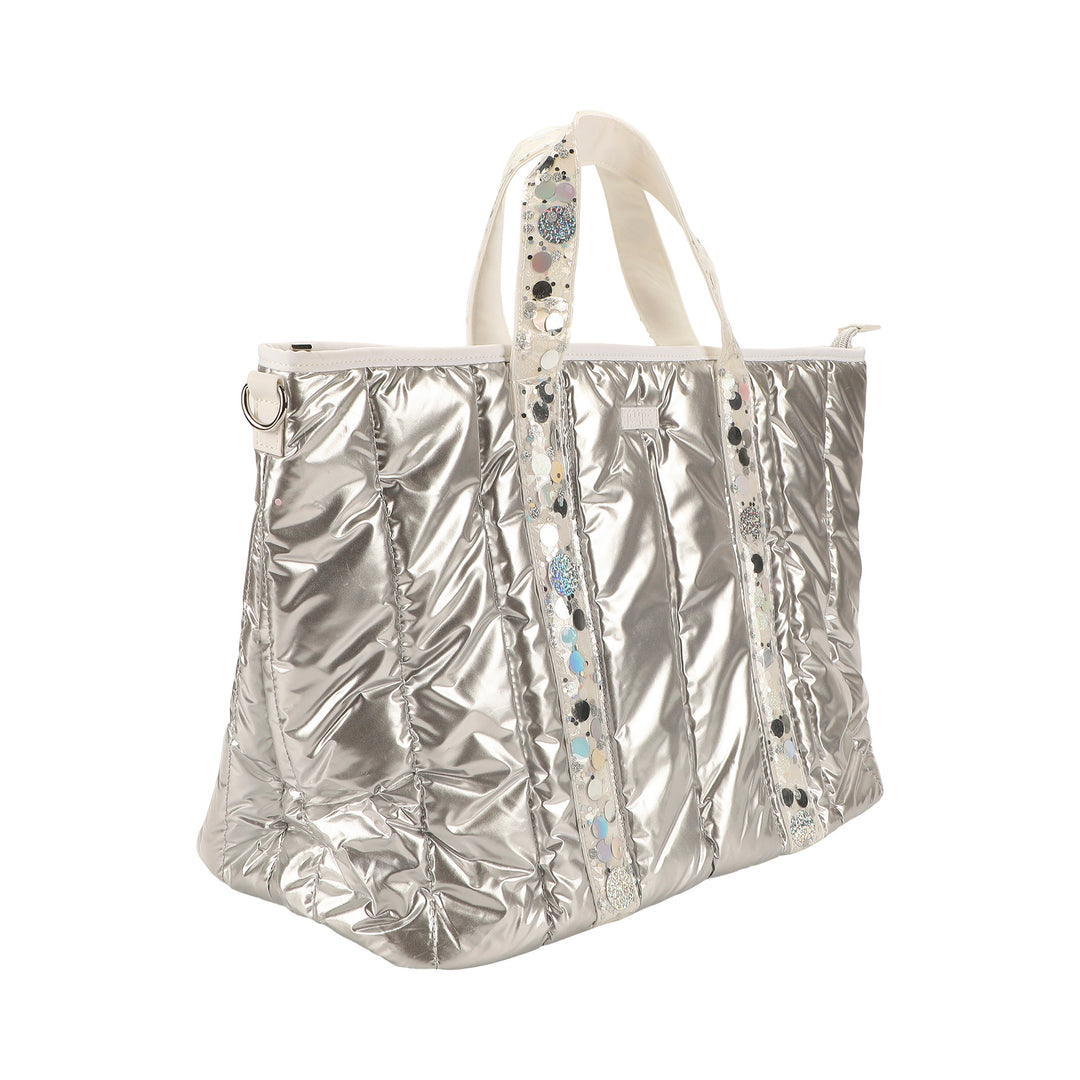Silver Metallic Puffer Duffel Bag