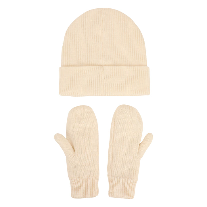 White Knit Rhinestone Beanie and Mittens Set