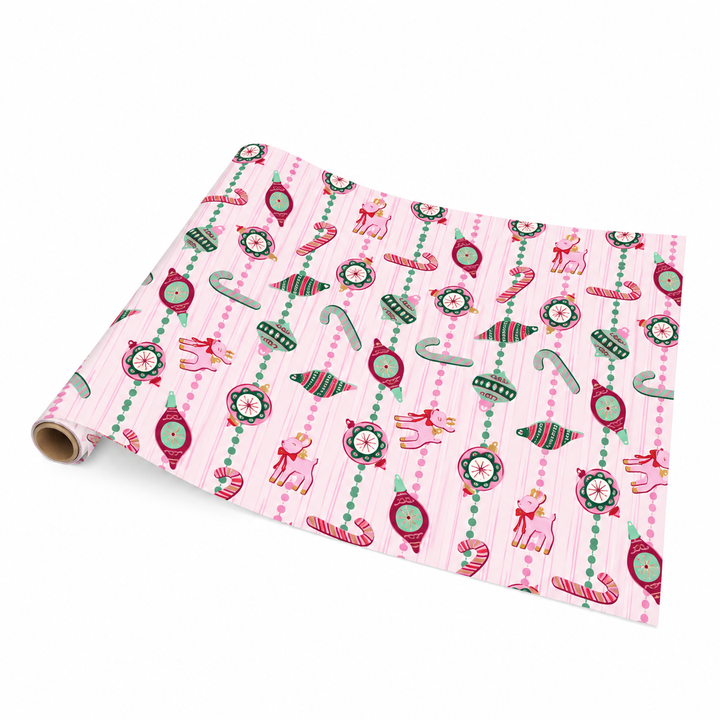 Pink Vintage Christmas Paper Table Runner (25 ft, cut to fit)
