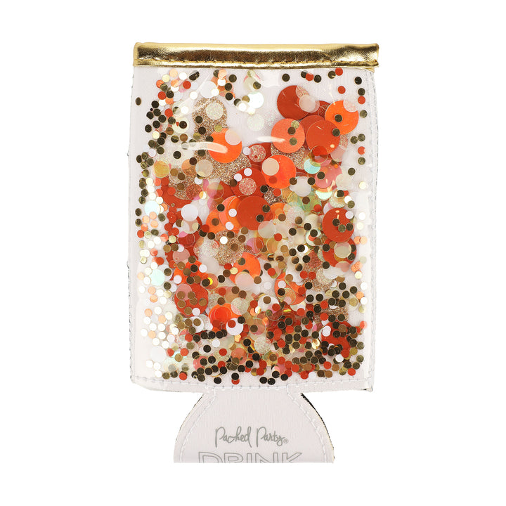 Packed Party Spirit Squad Confetti Filled Skinny Can Cooler Drink Sleeve Koozie, Insulated Metal Can Drink Holder for Tailgate, Pool or Beach (Orange Confetti)