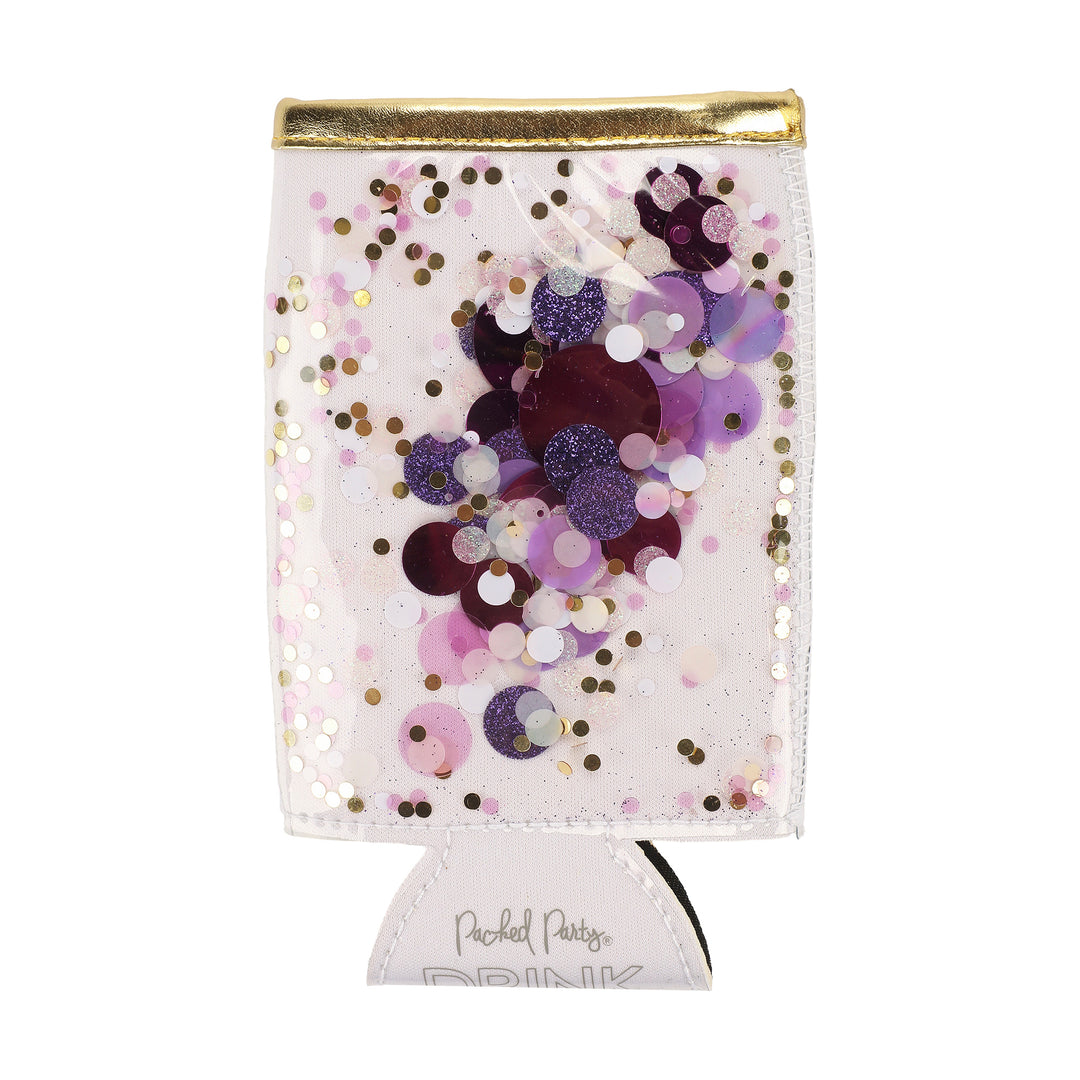 Packed Party Spirit Squad Confetti Skinny Can Cooler Drink Sleeve Koozie, Insulated Metal Can Drink Holder for Tailgate, Pool or Beach (Purple Confetti)