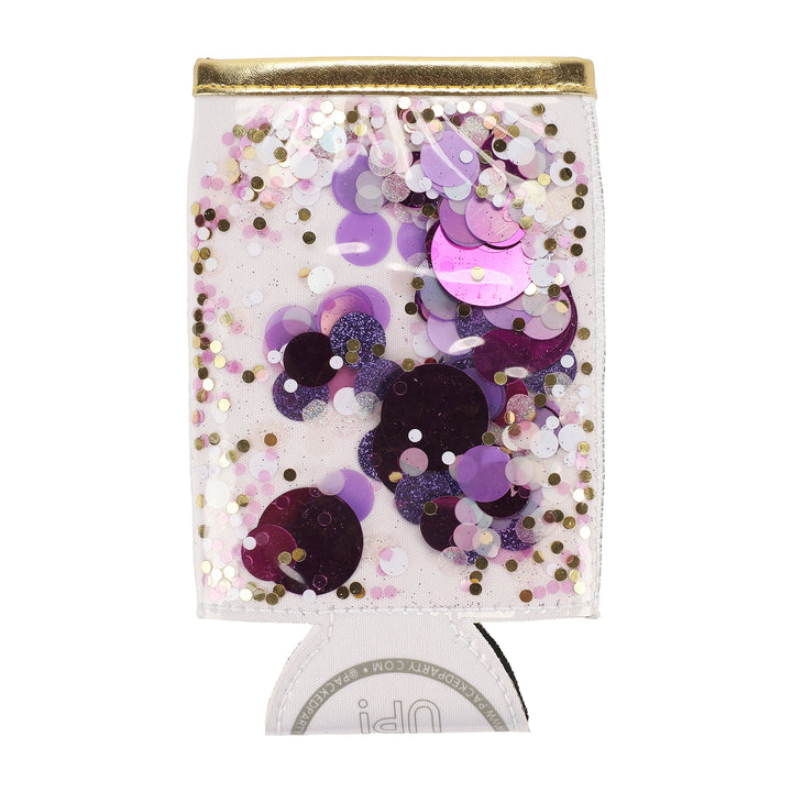 Packed Party Spirit Squad Confetti Skinny Can Cooler Drink Sleeve Koozie, Insulated Metal Can Drink Holder for Tailgate, Pool or Beach (Purple Confetti)