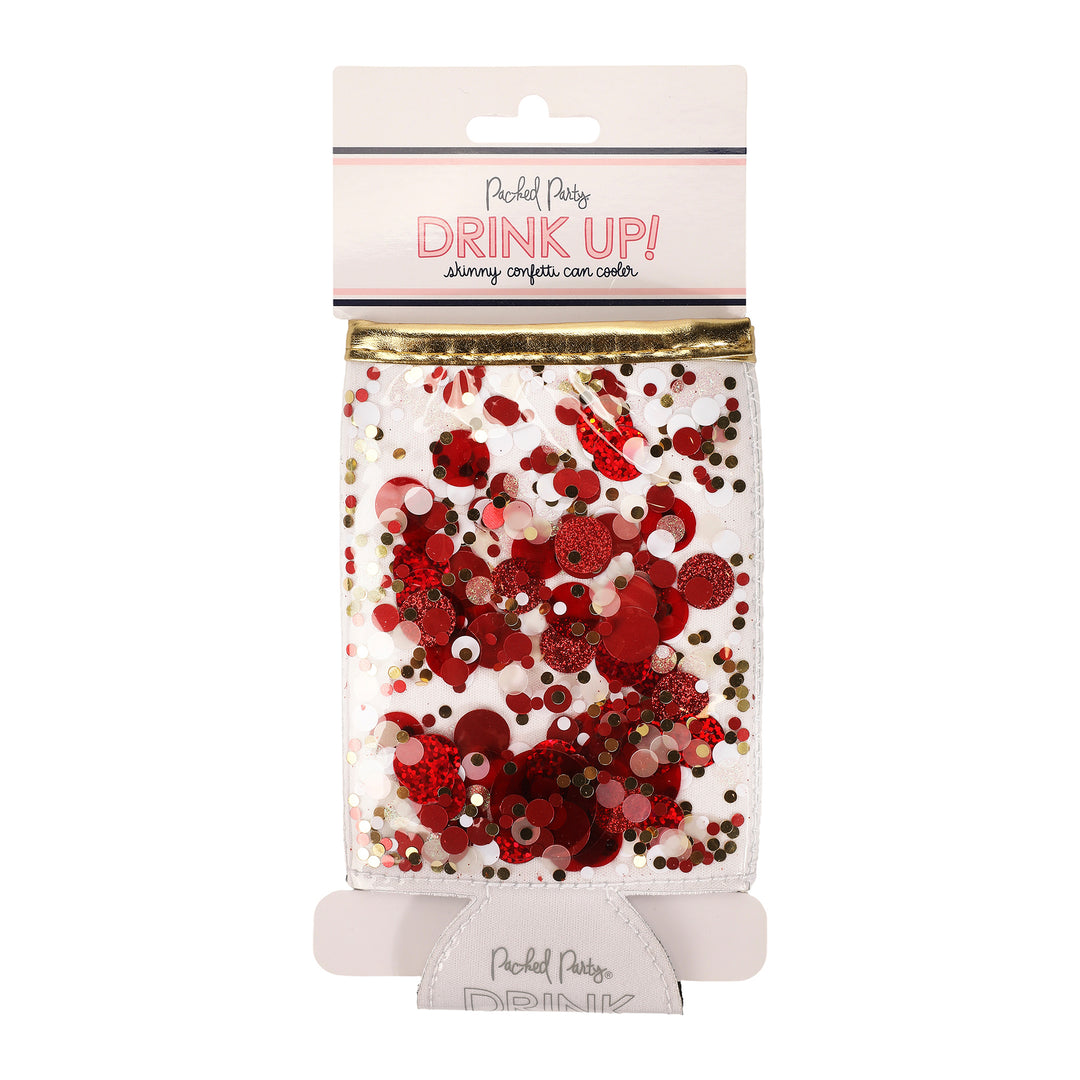 Packed Party Spirit Squad Confetti Skinny Can Cooler, Insulated Metal Can Drink Holder for Tailgate, Pool or Beach (Rally Red)