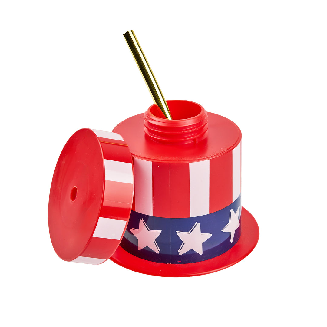 Packed Party Hats Off to the USA Patriotic Uncle Sam Top Hat Sippers - 14 oz Novelty 4th of July Cups with Gold Plastic Straws and Leak-Proof Lids