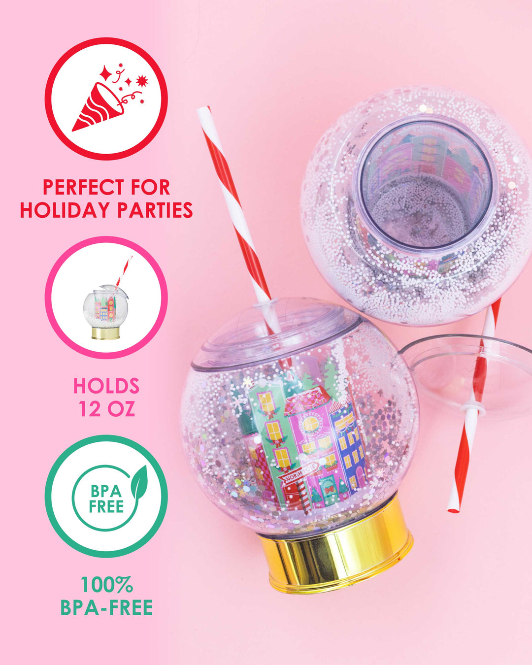 Holiday Village Snow Globe Novelty Sipper (Christmas Cup - set of 1, 6, or 12)