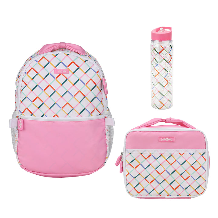 Packed Party White and Pink with Rainbow Plaid 17" Backpack Set for Girls | Includes Matching Insulated Lunchbox and Water Bottle