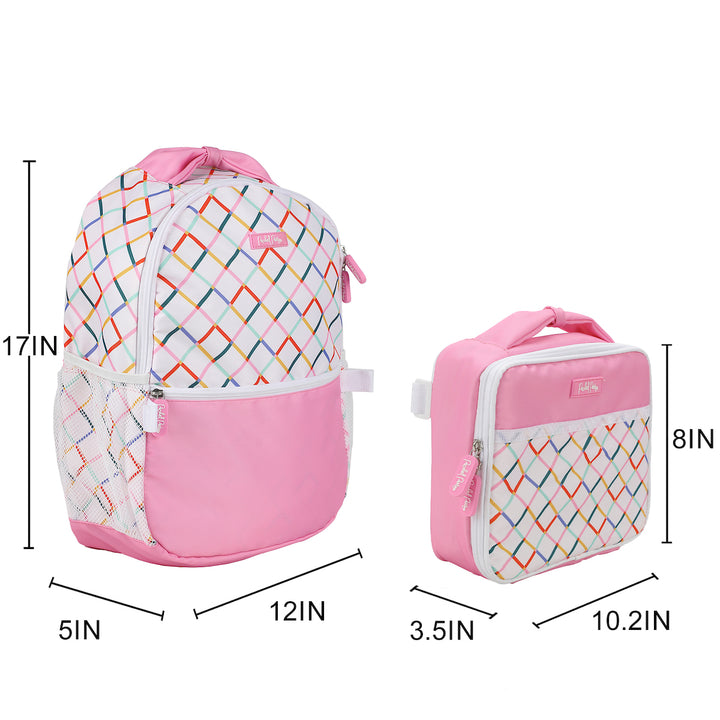 Packed Party White and Pink with Rainbow Plaid 17" Backpack Set for Girls | Includes Matching Insulated Lunchbox and Water Bottle