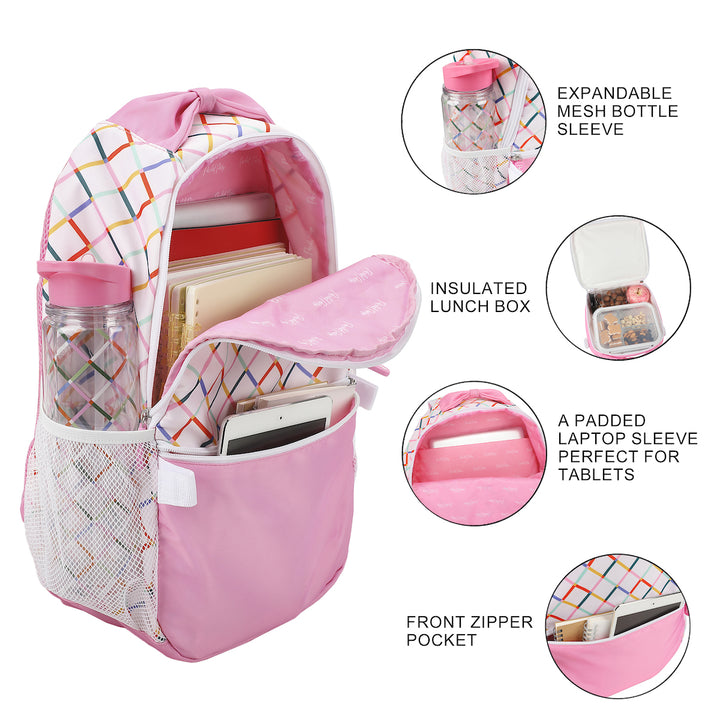 Packed Party White and Pink with Rainbow Plaid 17" Backpack Set for Girls | Includes Matching Insulated Lunchbox and Water Bottle
