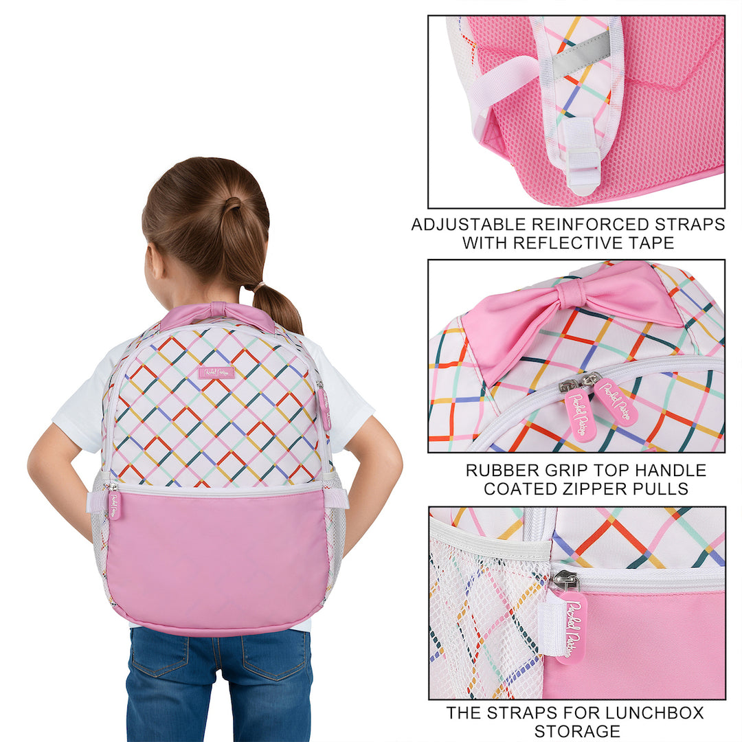 Packed Party White and Pink with Rainbow Plaid 17" Backpack Set for Girls | Includes Matching Insulated Lunchbox and Water Bottle