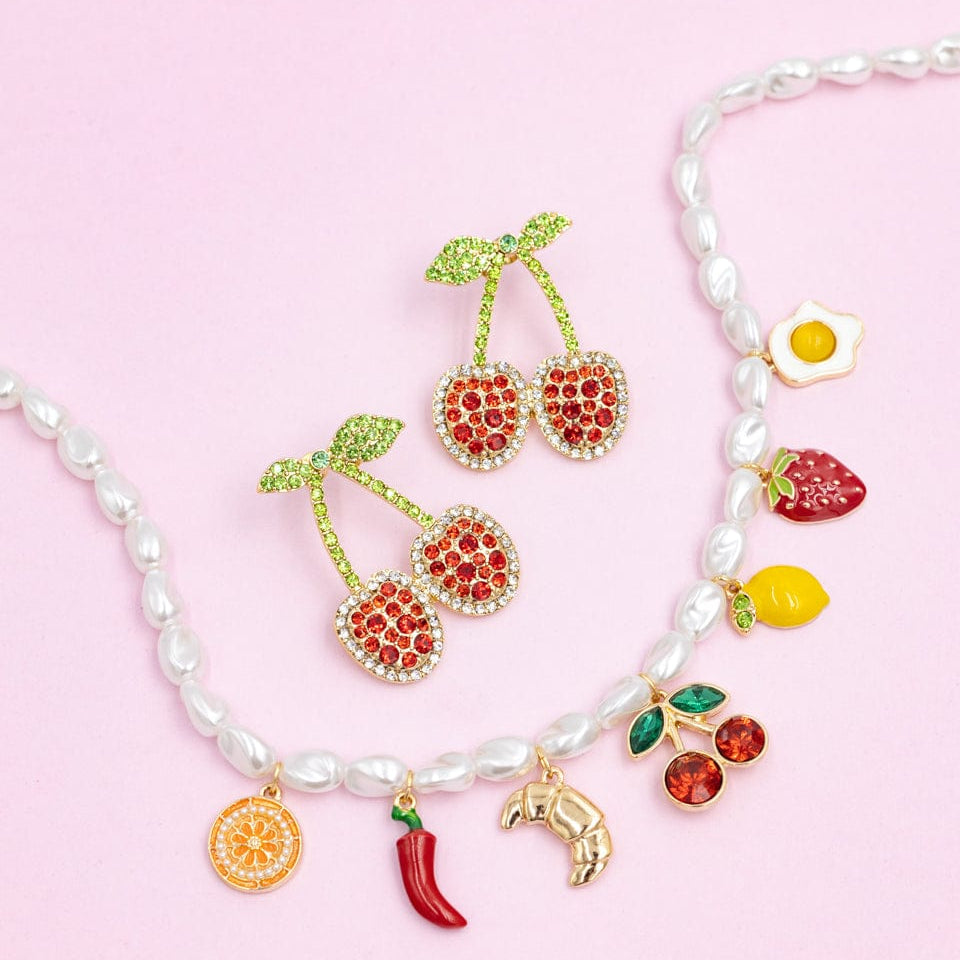 Cherry &amp; Brunch Earrings and Charm Necklace Set