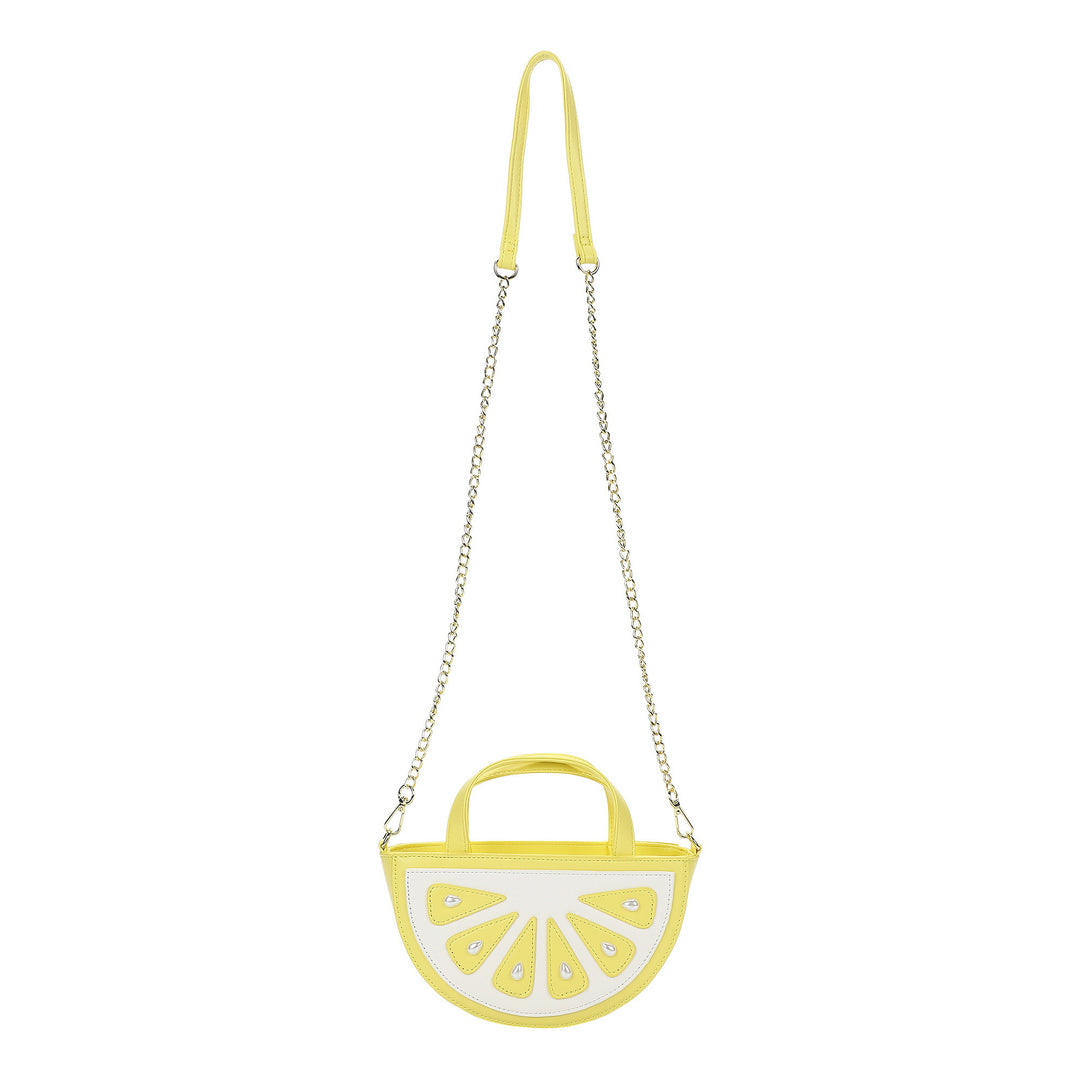 Packed Party Lemon Slice Shaped Novelty Crossbody Bag - Yellow Faux Leatherette Lemon Wedge Purse with Gold Chain Strap and Pearl Details, 9x3x5 Inch