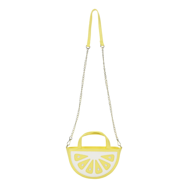 Packed Party Lemon Slice Shaped Novelty Crossbody Bag - Yellow Faux Leatherette Lemon Wedge Purse with Gold Chain Strap and Pearl Details, 9x3x5 Inch
