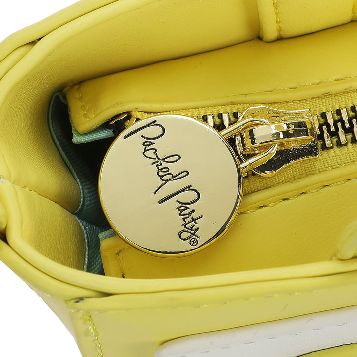 Packed Party Lemon Slice Shaped Novelty Crossbody Bag - Yellow Faux Leatherette Lemon Wedge Purse with Gold Chain Strap and Pearl Details, 9x3x5 Inch