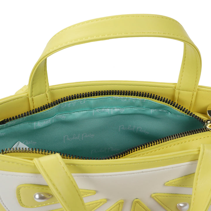 Packed Party Lemon Slice Shaped Novelty Crossbody Bag - Yellow Faux Leatherette Lemon Wedge Purse with Gold Chain Strap and Pearl Details, 9x3x5 Inch