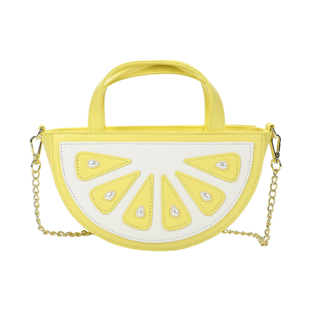 Packed Party Lemon Slice Shaped Novelty Crossbody Bag - Yellow Faux Leatherette Lemon Wedge Purse with Gold Chain Strap and Pearl Details, 9x3x5 Inch