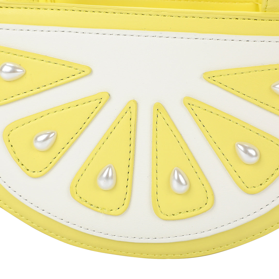 Packed Party Lemon Slice Shaped Novelty Crossbody Bag - Yellow Faux Leatherette Lemon Wedge Purse with Gold Chain Strap and Pearl Details, 9x3x5 Inch