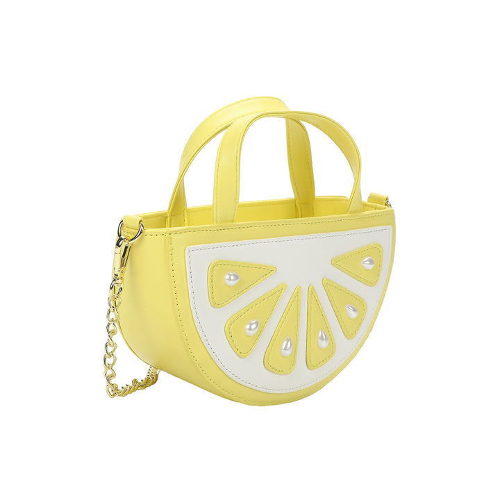 Packed Party Lemon Slice Shaped Novelty Crossbody Bag - Yellow Faux Leatherette Lemon Wedge Purse with Gold Chain Strap and Pearl Details, 9x3x5 Inch