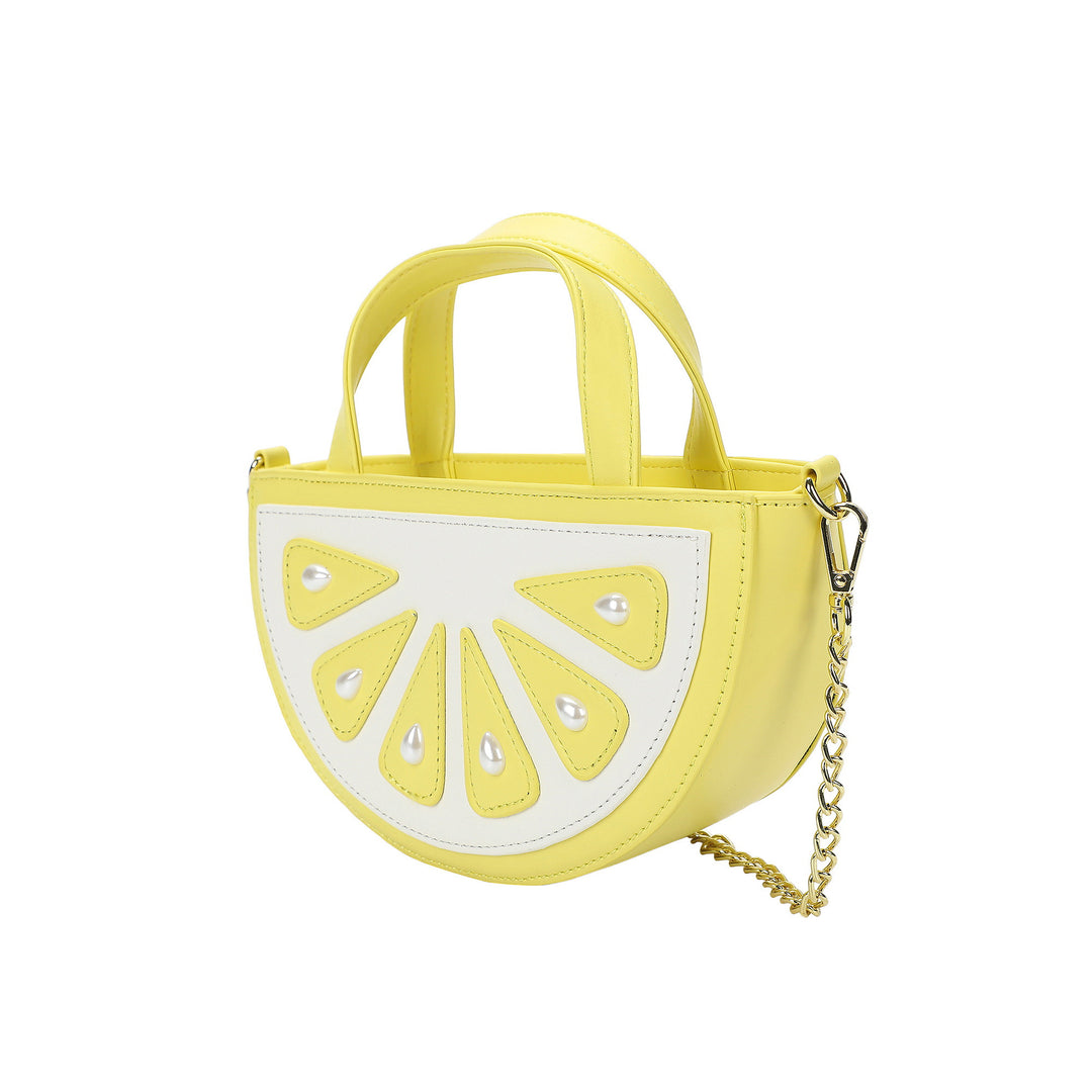 Packed Party Lemon Slice Shaped Novelty Crossbody Bag - Yellow Faux Leatherette Lemon Wedge Purse with Gold Chain Strap and Pearl Details, 9x3x5 Inch
