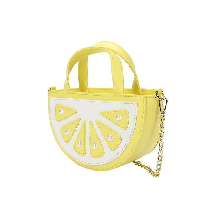 Packed Party Lemon Slice Shaped Novelty Crossbody Bag - Yellow Faux Leatherette Lemon Wedge Purse with Gold Chain Strap and Pearl Details, 9x3x5 Inch