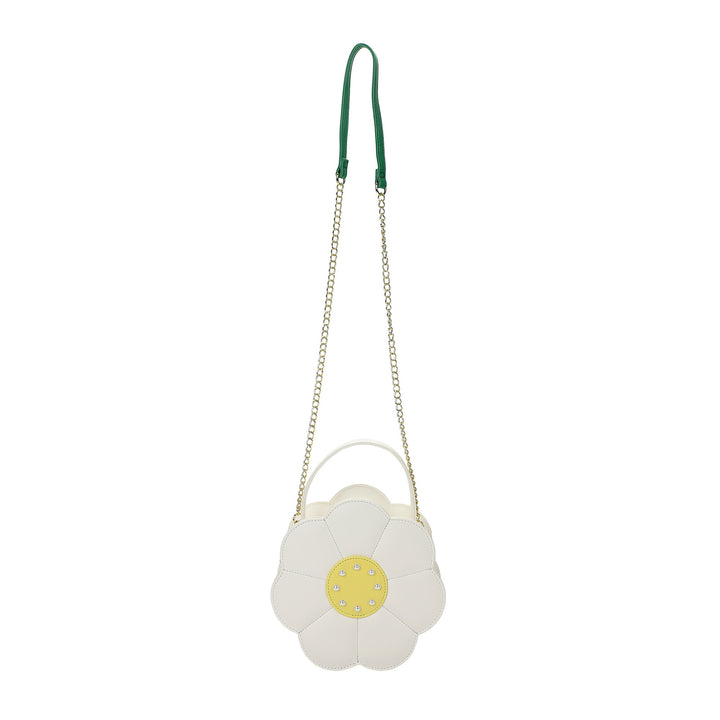 Packed Party Daisy Shaped Novelty Crossbody Bag - White Faux Leatherette Daisy Purse with Pearl and Gemstone Center, Gold Chain Strap, 7.75x3.5x7.75 Inch