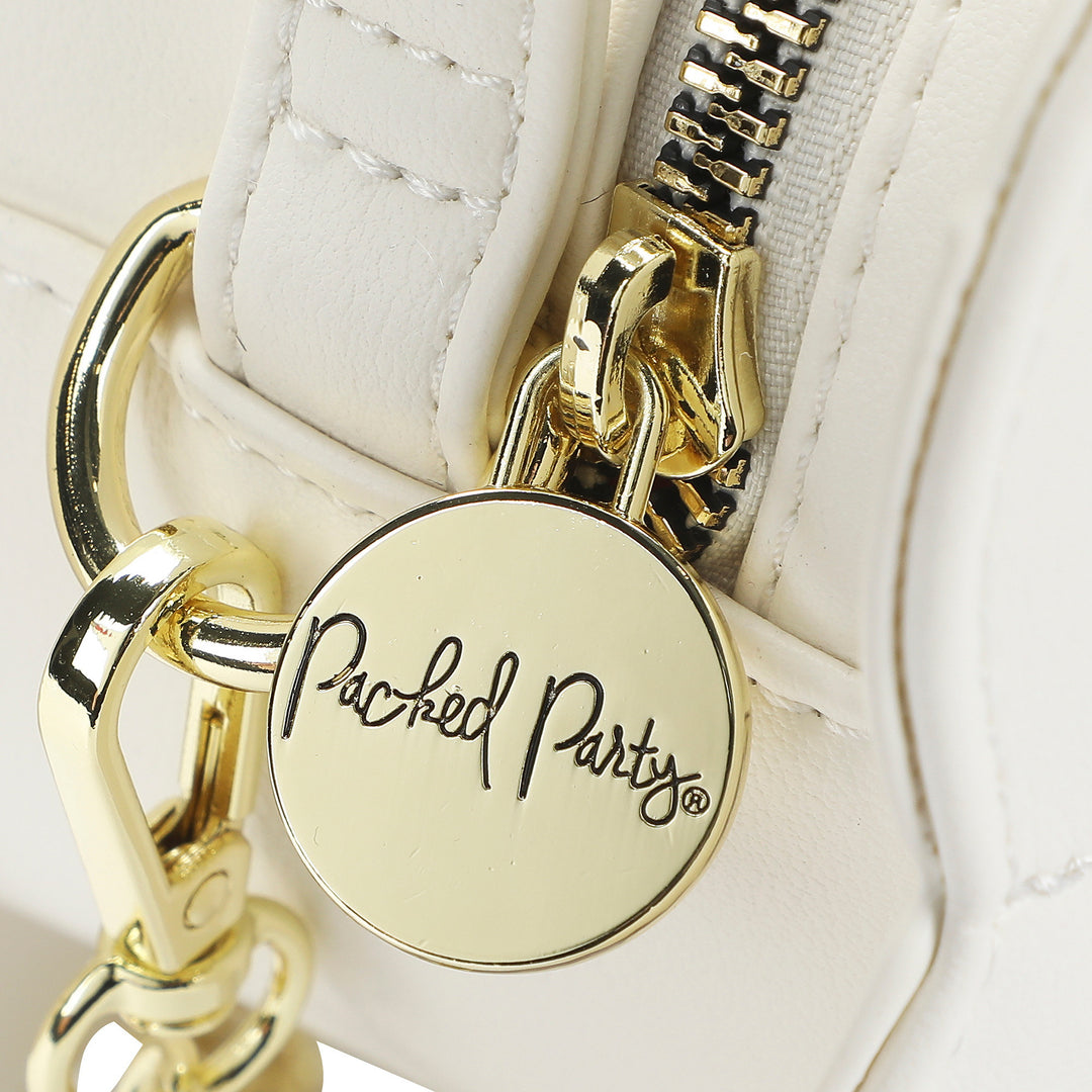 Packed Party Daisy Shaped Novelty Crossbody Bag - White Faux Leatherette Daisy Purse with Pearl and Gemstone Center, Gold Chain Strap, 7.75x3.5x7.75 Inch