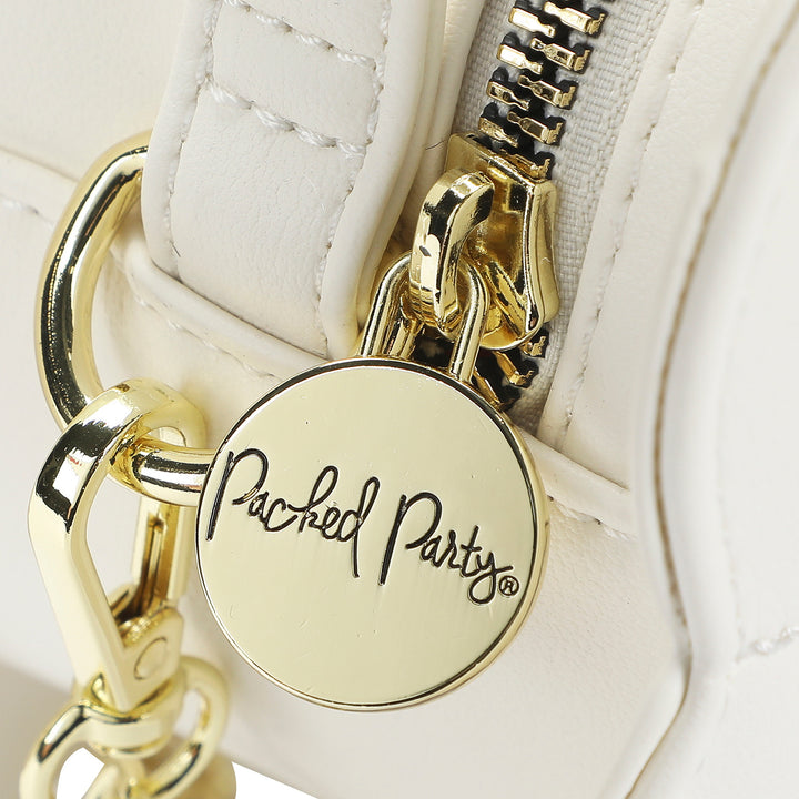 Packed Party Daisy Shaped Novelty Crossbody Bag - White Faux Leatherette Daisy Purse with Pearl and Gemstone Center, Gold Chain Strap, 7.75x3.5x7.75 Inch