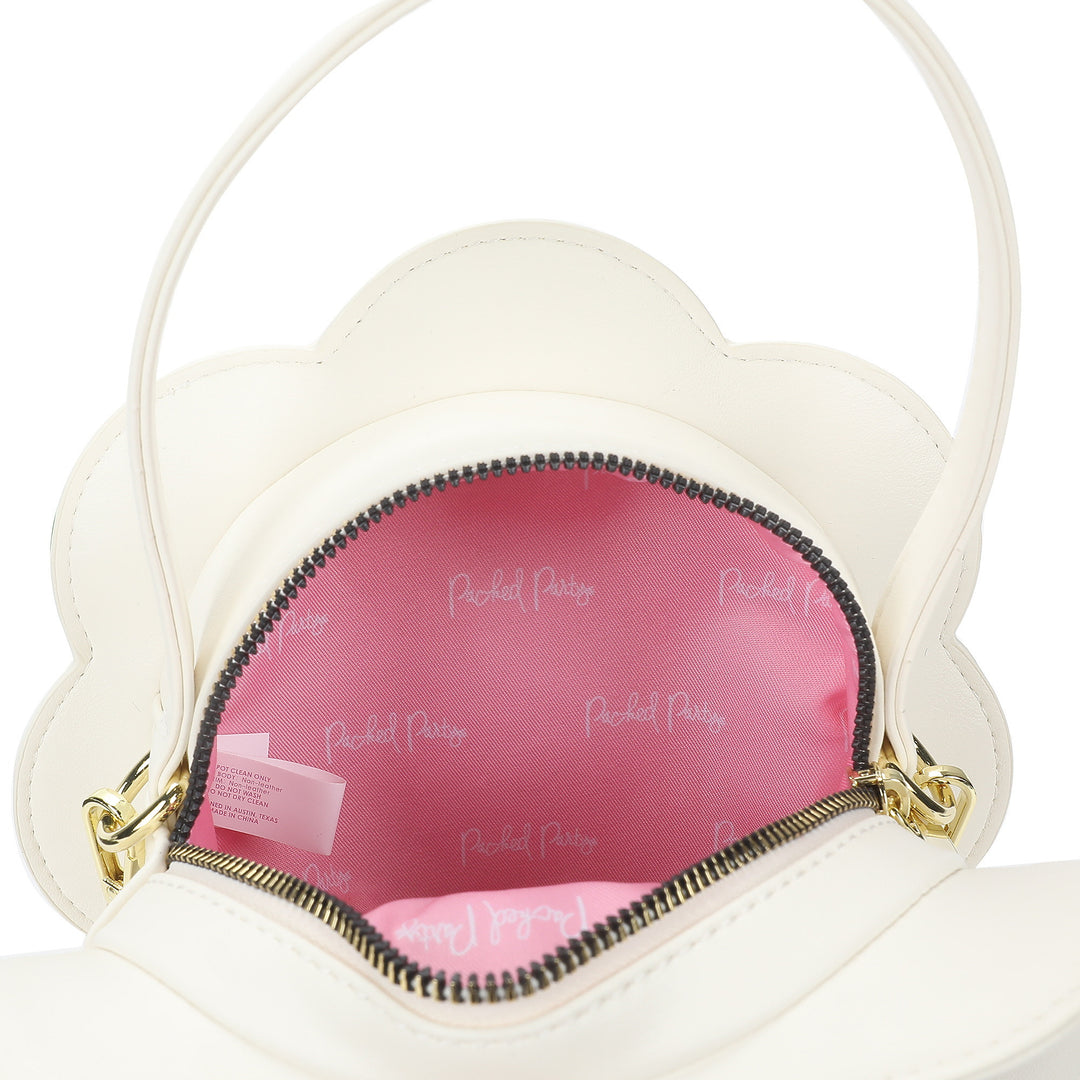 Packed Party Daisy Shaped Novelty Crossbody Bag - White Faux Leatherette Daisy Purse with Pearl and Gemstone Center, Gold Chain Strap, 7.75x3.5x7.75 Inch