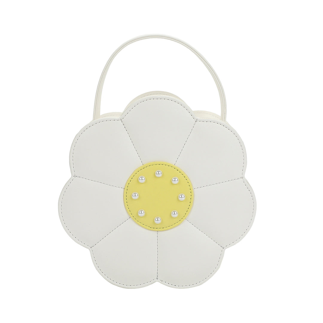 Packed Party Daisy Shaped Novelty Crossbody Bag - White Faux Leatherette Daisy Purse with Pearl and Gemstone Center, Gold Chain Strap, 7.75x3.5x7.75 Inch