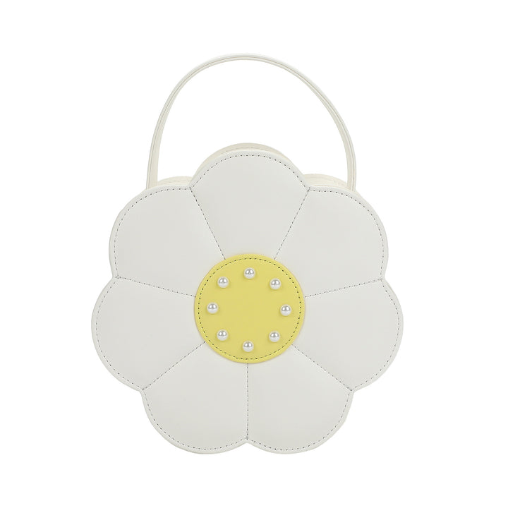 Packed Party Daisy Shaped Novelty Crossbody Bag - White Faux Leatherette Daisy Purse with Pearl and Gemstone Center, Gold Chain Strap, 7.75x3.5x7.75 Inch