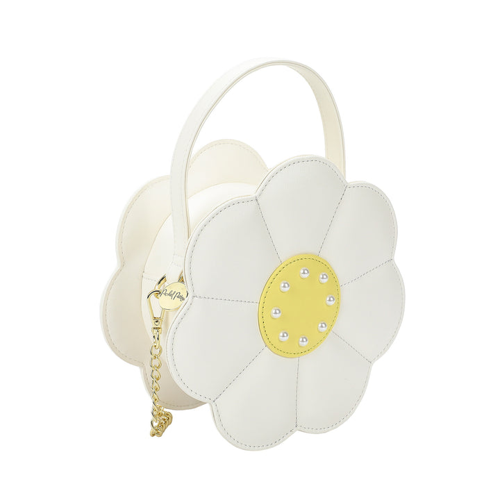 Packed Party Daisy Shaped Novelty Crossbody Bag - White Faux Leatherette Daisy Purse with Pearl and Gemstone Center, Gold Chain Strap, 7.75x3.5x7.75 Inch