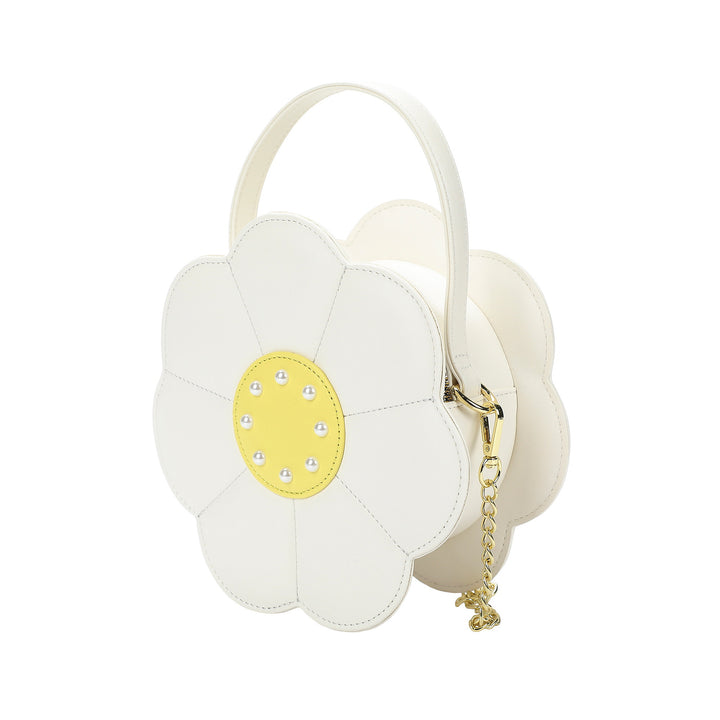Packed Party Daisy Shaped Novelty Crossbody Bag - White Faux Leatherette Daisy Purse with Pearl and Gemstone Center, Gold Chain Strap, 7.75x3.5x7.75 Inch