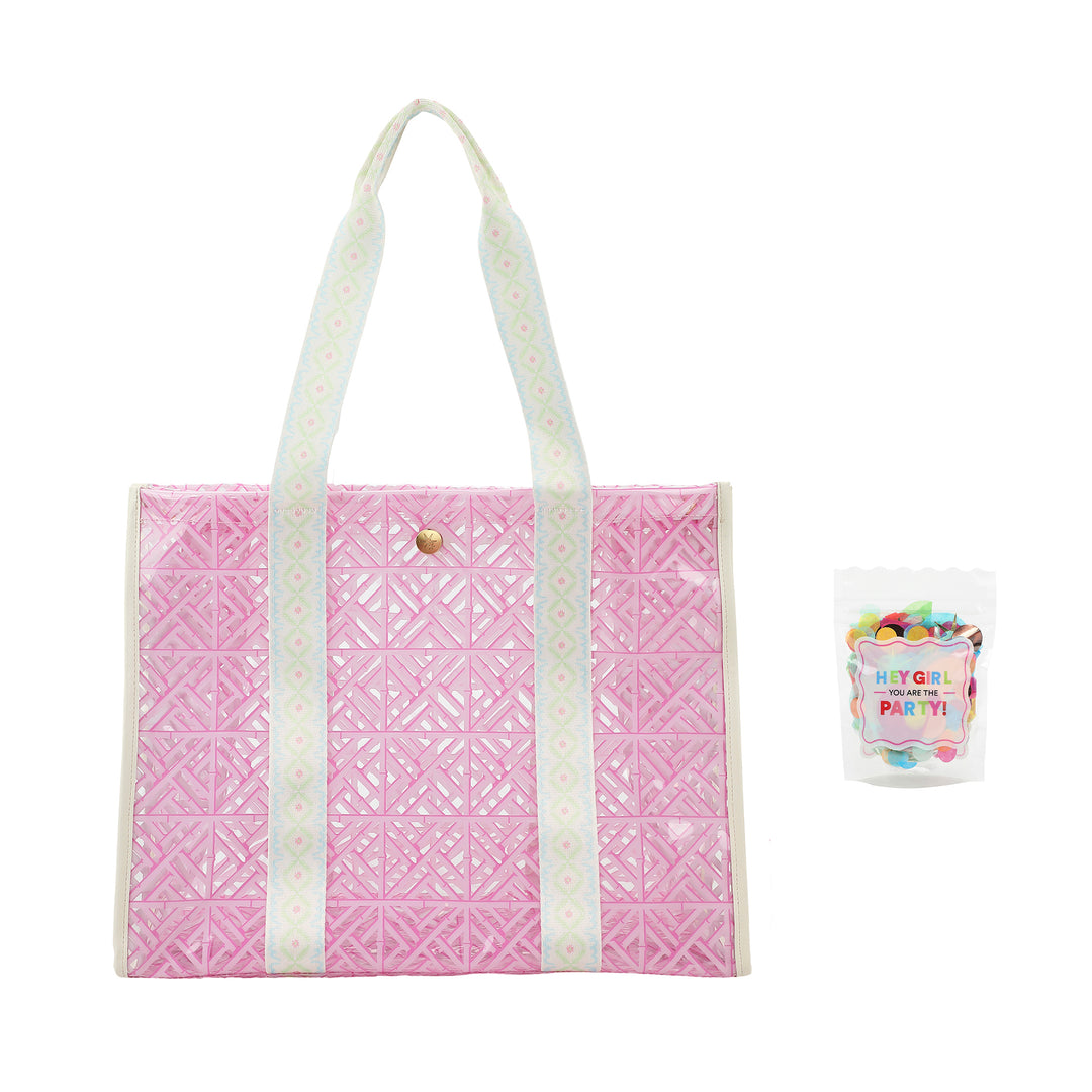 Pink Geo Tile Clear Vinyl Tote Bag
