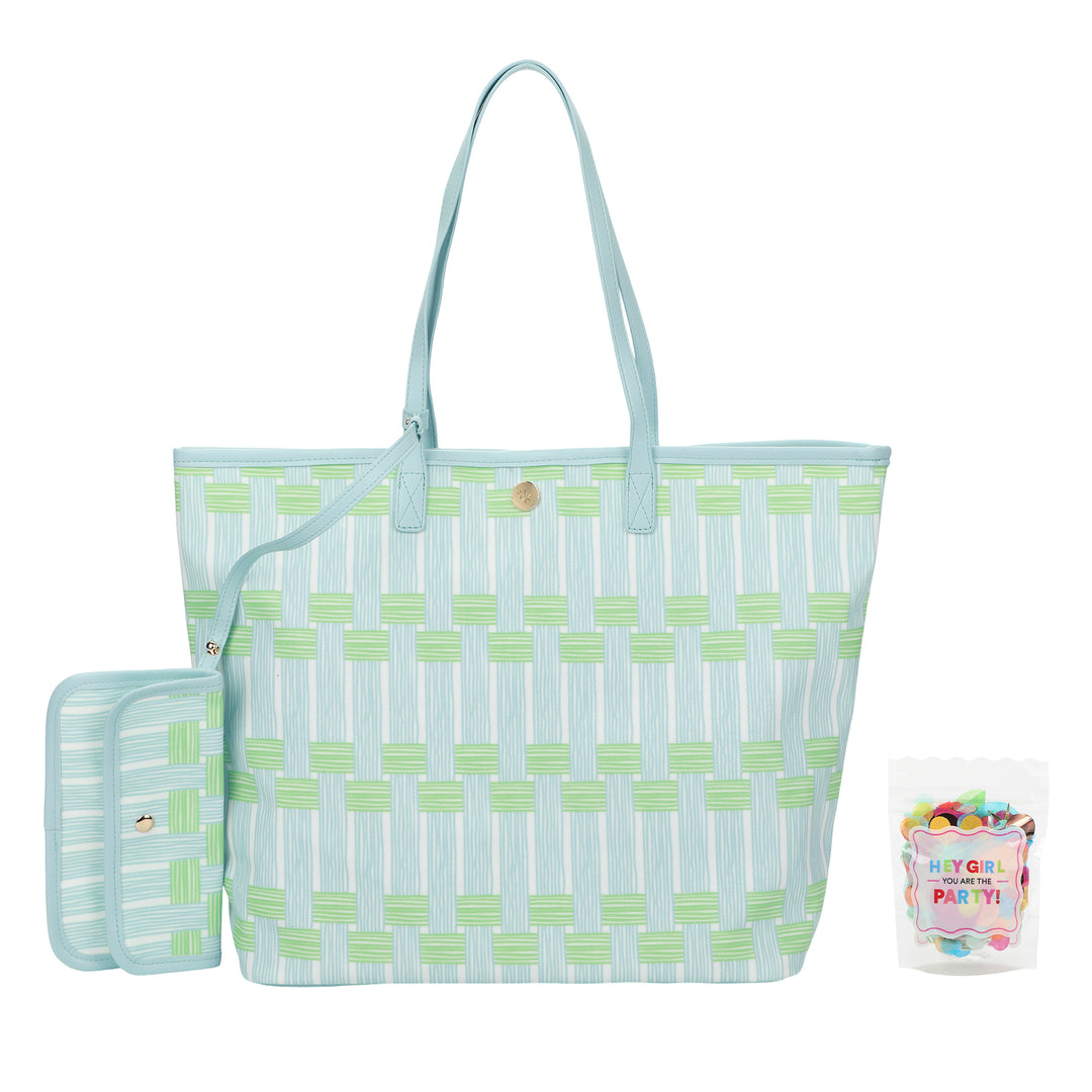 Blue Latice Oversized Tote Bag with Wallet