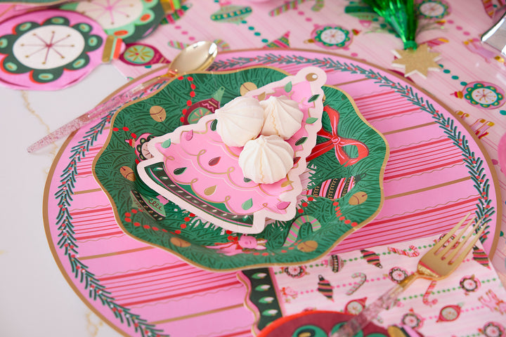Packed Party Christmas Tree Shaped Paper Plates, 8 Inch Dessert Plates, Disposable Holiday Party Tableware, Pink &amp; Green, 10 Count
