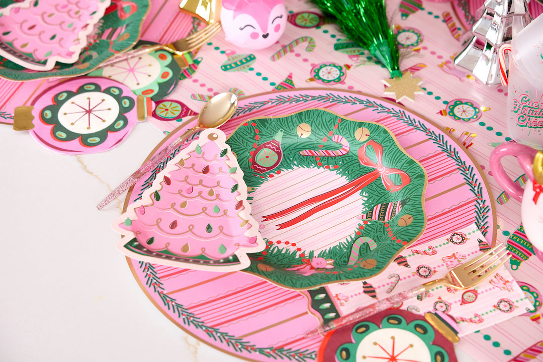 Packed Party Christmas Tree Shaped Paper Plates, 8 Inch Dessert Plates, Disposable Holiday Party Tableware, Pink &amp; Green, 10 Count